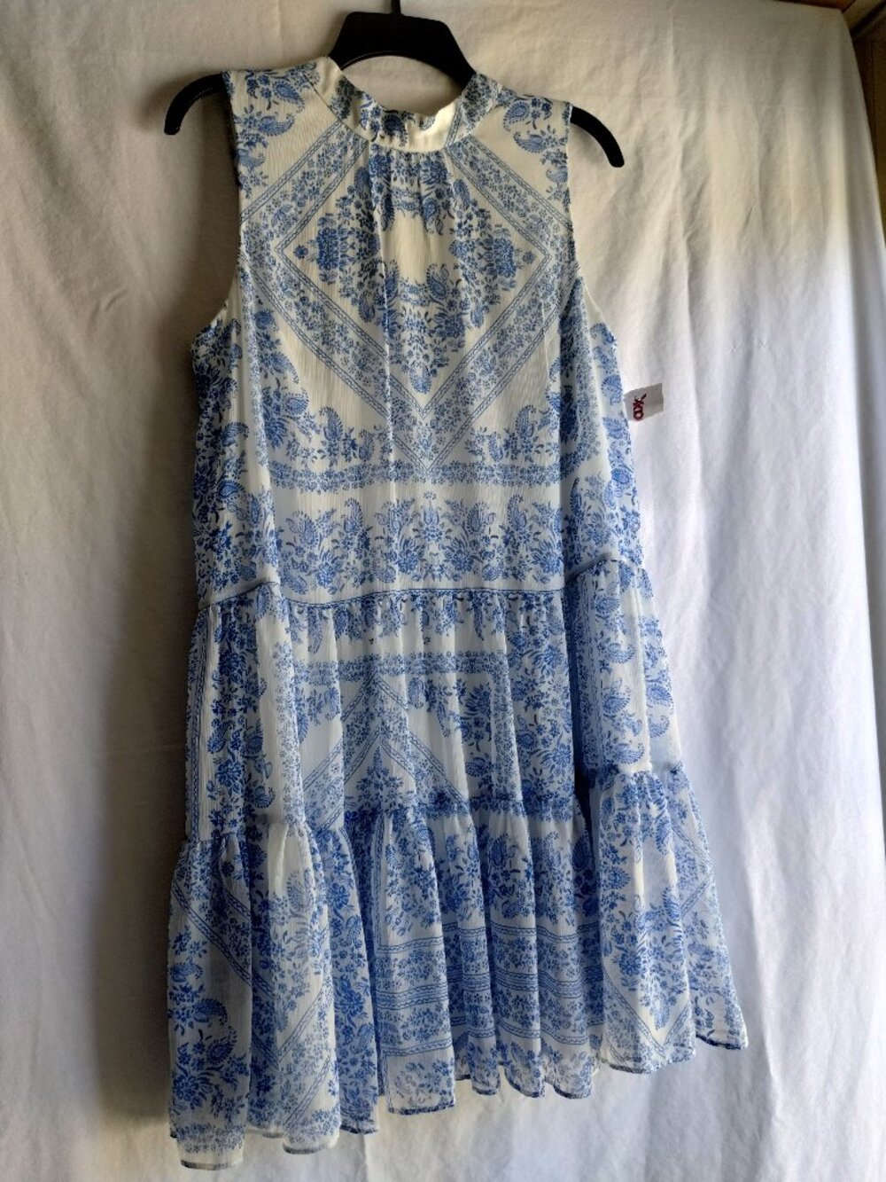 CK CALVIN KLEIN Blue & White Gauzy High Tie Back Neck Dress Sz 10